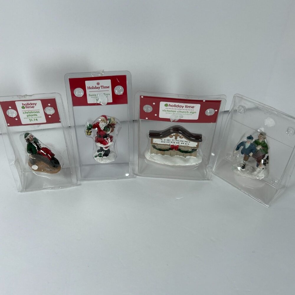 Lot Of 4 Christmas Village Figurines Vintage Church Sign People Santa Dog